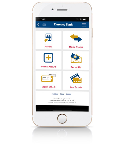 Smart phone showing Florence Bank mobile banking app.